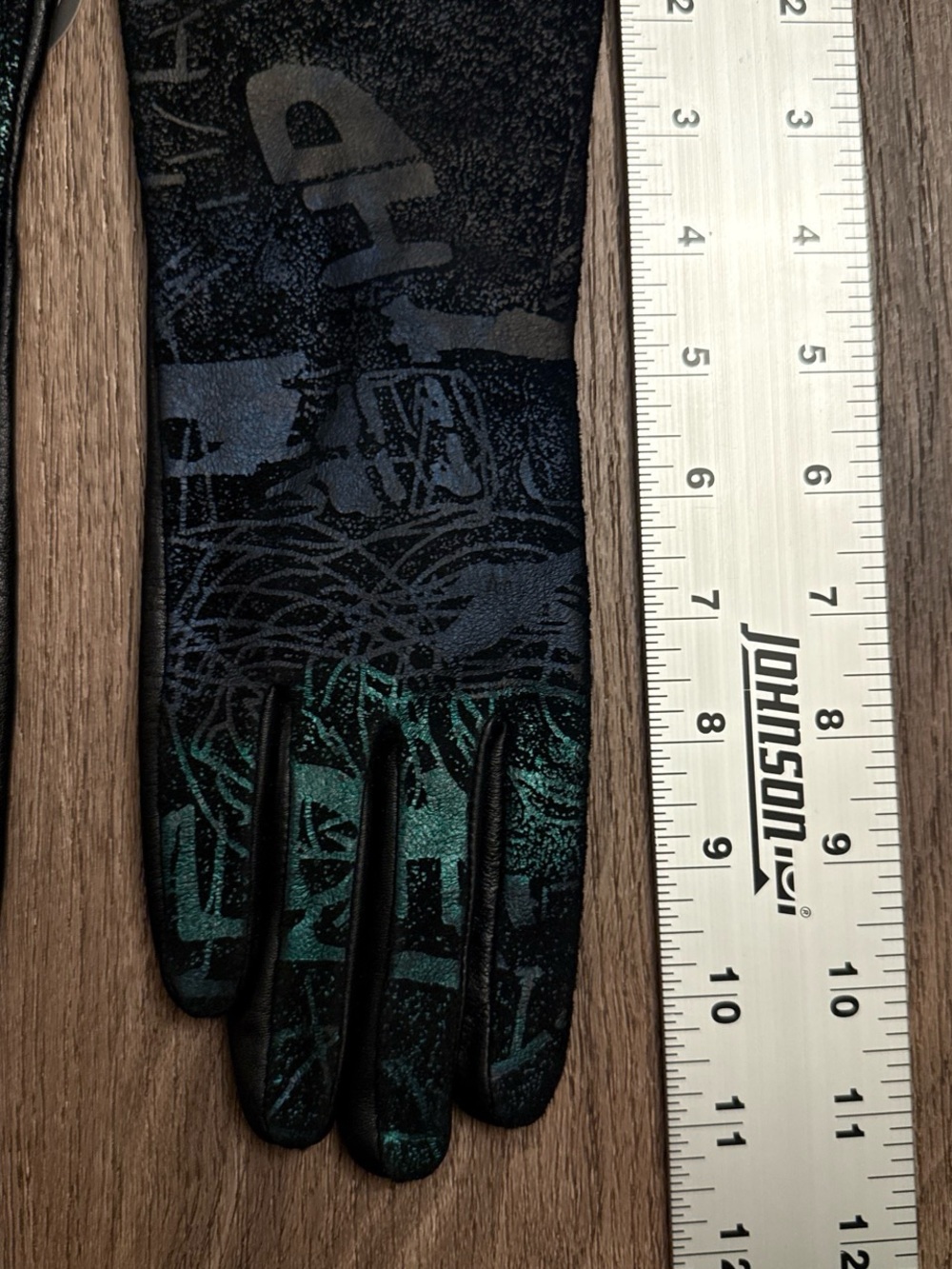 Dupatta Designs Black and teal abstract graffiti art graphic gloves $79 MSRP - Picture 5 of 7